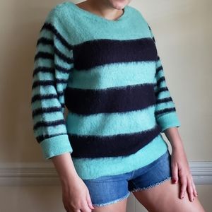 J. Crew Mint Green Navy Fuzzy Knit Pullover Sweater